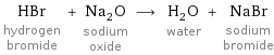 HBr hydrogen bromide + Na_2O sodium oxide ⟶ H_2O water + NaBr sodium bromide