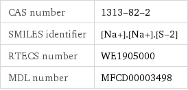 CAS number | 1313-82-2 SMILES identifier | [Na+].[Na+].[S-2] RTECS number | WE1905000 MDL number | MFCD00003498