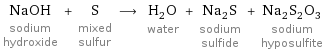 NaOH sodium hydroxide + S mixed sulfur ⟶ H_2O water + Na_2S sodium sulfide + Na_2S_2O_3 sodium hyposulfite