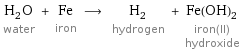 H_2O water + Fe iron ⟶ H_2 hydrogen + Fe(OH)_2 iron(II) hydroxide