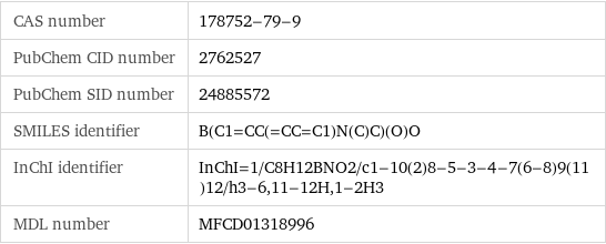 CAS number | 178752-79-9 PubChem CID number | 2762527 PubChem SID number | 24885572 SMILES identifier | B(C1=CC(=CC=C1)N(C)C)(O)O InChI identifier | InChI=1/C8H12BNO2/c1-10(2)8-5-3-4-7(6-8)9(11)12/h3-6, 11-12H, 1-2H3 MDL number | MFCD01318996