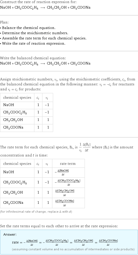 Construct the rate of reaction expression for: NaOH + CH_3COOC_2H_5 ⟶ CH_3CH_2OH + CH_3COONa Plan: • Balance the chemical equation. • Determine the stoichiometric numbers. • Assemble the rate term for each chemical species. • Write the rate of reaction expression. Write the balanced chemical equation: NaOH + CH_3COOC_2H_5 ⟶ CH_3CH_2OH + CH_3COONa Assign stoichiometric numbers, ν_i, using the stoichiometric coefficients, c_i, from the balanced chemical equation in the following manner: ν_i = -c_i for reactants and ν_i = c_i for products: chemical species | c_i | ν_i NaOH | 1 | -1 CH_3COOC_2H_5 | 1 | -1 CH_3CH_2OH | 1 | 1 CH_3COONa | 1 | 1 The rate term for each chemical species, B_i, is 1/ν_i(Δ[B_i])/(Δt) where [B_i] is the amount concentration and t is time: chemical species | c_i | ν_i | rate term NaOH | 1 | -1 | -(Δ[NaOH])/(Δt) CH_3COOC_2H_5 | 1 | -1 | -(Δ[CH3COOC2H5])/(Δt) CH_3CH_2OH | 1 | 1 | (Δ[CH3CH2OH])/(Δt) CH_3COONa | 1 | 1 | (Δ[CH3COONa])/(Δt) (for infinitesimal rate of change, replace Δ with d) Set the rate terms equal to each other to arrive at the rate expression: Answer: |   | rate = -(Δ[NaOH])/(Δt) = -(Δ[CH3COOC2H5])/(Δt) = (Δ[CH3CH2OH])/(Δt) = (Δ[CH3COONa])/(Δt) (assuming constant volume and no accumulation of intermediates or side products)