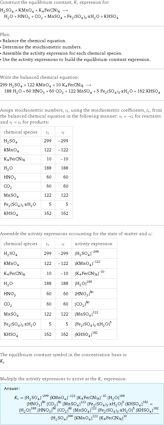 Construct the equilibrium constant, K, expression for: H_2SO_4 + KMnO_4 + K4Fe(CN)6 ⟶ H_2O + HNO_3 + CO_2 + MnSO_4 + Fe_2(SO_4)_3·xH_2O + KHSO_4 Plan: • Balance the chemical equation. • Determine the stoichiometric numbers. • Assemble the activity expression for each chemical species. • Use the activity expressions to build the equilibrium constant expression. Write the balanced chemical equation: 299 H_2SO_4 + 122 KMnO_4 + 10 K4Fe(CN)6 ⟶ 188 H_2O + 60 HNO_3 + 60 CO_2 + 122 MnSO_4 + 5 Fe_2(SO_4)_3·xH_2O + 162 KHSO_4 Assign stoichiometric numbers, ν_i, using the stoichiometric coefficients, c_i, from the balanced chemical equation in the following manner: ν_i = -c_i for reactants and ν_i = c_i for products: chemical species | c_i | ν_i H_2SO_4 | 299 | -299 KMnO_4 | 122 | -122 K4Fe(CN)6 | 10 | -10 H_2O | 188 | 188 HNO_3 | 60 | 60 CO_2 | 60 | 60 MnSO_4 | 122 | 122 Fe_2(SO_4)_3·xH_2O | 5 | 5 KHSO_4 | 162 | 162 Assemble the activity expressions accounting for the state of matter and ν_i: chemical species | c_i | ν_i | activity expression H_2SO_4 | 299 | -299 | ([H2SO4])^(-299) KMnO_4 | 122 | -122 | ([KMnO4])^(-122) K4Fe(CN)6 | 10 | -10 | ([K4Fe(CN)6])^(-10) H_2O | 188 | 188 | ([H2O])^188 HNO_3 | 60 | 60 | ([HNO3])^60 CO_2 | 60 | 60 | ([CO2])^60 MnSO_4 | 122 | 122 | ([MnSO4])^122 Fe_2(SO_4)_3·xH_2O | 5 | 5 | ([Fe2(SO4)3·xH2O])^5 KHSO_4 | 162 | 162 | ([KHSO4])^162 The equilibrium constant symbol in the concentration basis is: K_c Mulitply the activity expressions to arrive at the K_c expression: Answer: |   | K_c = ([H2SO4])^(-299) ([KMnO4])^(-122) ([K4Fe(CN)6])^(-10) ([H2O])^188 ([HNO3])^60 ([CO2])^60 ([MnSO4])^122 ([Fe2(SO4)3·xH2O])^5 ([KHSO4])^162 = (([H2O])^188 ([HNO3])^60 ([CO2])^60 ([MnSO4])^122 ([Fe2(SO4)3·xH2O])^5 ([KHSO4])^162)/(([H2SO4])^299 ([KMnO4])^122 ([K4Fe(CN)6])^10)