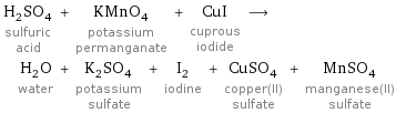 H_2SO_4 sulfuric acid + KMnO_4 potassium permanganate + CuI cuprous iodide ⟶ H_2O water + K_2SO_4 potassium sulfate + I_2 iodine + CuSO_4 copper(II) sulfate + MnSO_4 manganese(II) sulfate