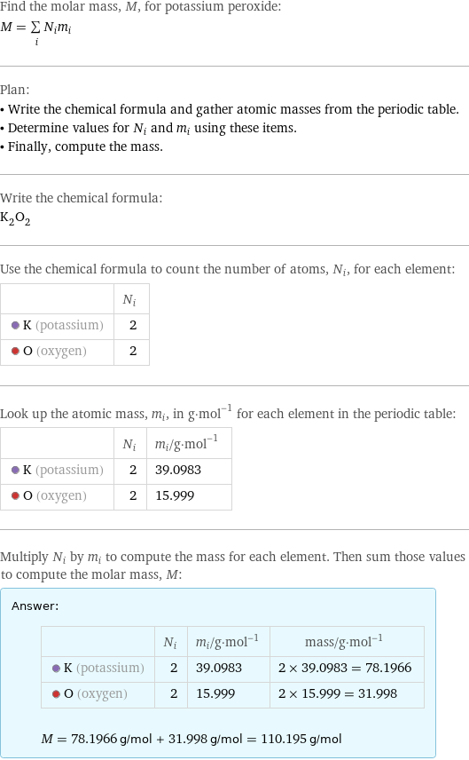 Find the molar mass, M, for potassium peroxide: M = sum _iN_im_i Plan: • Write the chemical formula and gather atomic masses from the periodic table. • Determine values for N_i and m_i using these items. • Finally, compute the mass. Write the chemical formula: K_2O_2 Use the chemical formula to count the number of atoms, N_i, for each element:  | N_i  K (potassium) | 2  O (oxygen) | 2 Look up the atomic mass, m_i, in g·mol^(-1) for each element in the periodic table:  | N_i | m_i/g·mol^(-1)  K (potassium) | 2 | 39.0983  O (oxygen) | 2 | 15.999 Multiply N_i by m_i to compute the mass for each element. Then sum those values to compute the molar mass, M: Answer: |   | | N_i | m_i/g·mol^(-1) | mass/g·mol^(-1)  K (potassium) | 2 | 39.0983 | 2 × 39.0983 = 78.1966  O (oxygen) | 2 | 15.999 | 2 × 15.999 = 31.998  M = 78.1966 g/mol + 31.998 g/mol = 110.195 g/mol