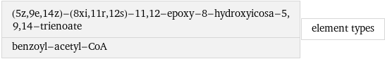 (5z, 9e, 14z)-(8xi, 11r, 12s)-11, 12-epoxy-8-hydroxyicosa-5, 9, 14-trienoate benzoyl-acetyl-CoA | element types