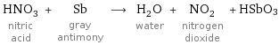 HNO_3 nitric acid + Sb gray antimony ⟶ H_2O water + NO_2 nitrogen dioxide + HSbO3