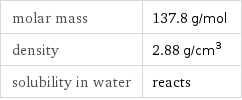 molar mass | 137.8 g/mol density | 2.88 g/cm^3 solubility in water | reacts