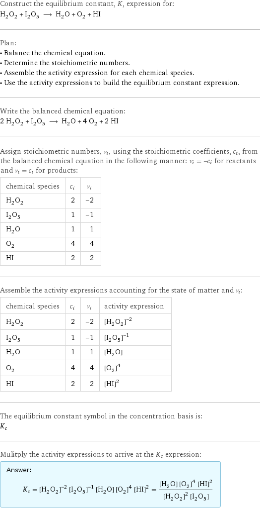 Construct the equilibrium constant, K, expression for: H_2O_2 + I_2O_5 ⟶ H_2O + O_2 + HI Plan: • Balance the chemical equation. • Determine the stoichiometric numbers. • Assemble the activity expression for each chemical species. • Use the activity expressions to build the equilibrium constant expression. Write the balanced chemical equation: 2 H_2O_2 + I_2O_5 ⟶ H_2O + 4 O_2 + 2 HI Assign stoichiometric numbers, ν_i, using the stoichiometric coefficients, c_i, from the balanced chemical equation in the following manner: ν_i = -c_i for reactants and ν_i = c_i for products: chemical species | c_i | ν_i H_2O_2 | 2 | -2 I_2O_5 | 1 | -1 H_2O | 1 | 1 O_2 | 4 | 4 HI | 2 | 2 Assemble the activity expressions accounting for the state of matter and ν_i: chemical species | c_i | ν_i | activity expression H_2O_2 | 2 | -2 | ([H2O2])^(-2) I_2O_5 | 1 | -1 | ([I2O5])^(-1) H_2O | 1 | 1 | [H2O] O_2 | 4 | 4 | ([O2])^4 HI | 2 | 2 | ([HI])^2 The equilibrium constant symbol in the concentration basis is: K_c Mulitply the activity expressions to arrive at the K_c expression: Answer: |   | K_c = ([H2O2])^(-2) ([I2O5])^(-1) [H2O] ([O2])^4 ([HI])^2 = ([H2O] ([O2])^4 ([HI])^2)/(([H2O2])^2 [I2O5])