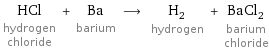 HCl hydrogen chloride + Ba barium ⟶ H_2 hydrogen + BaCl_2 barium chloride