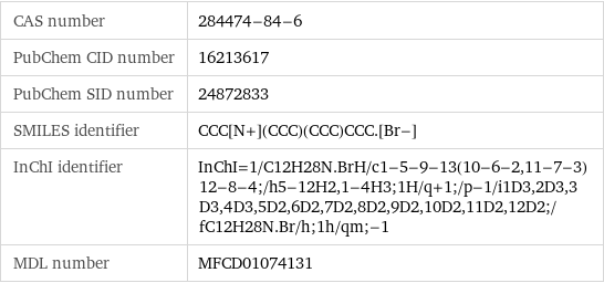 CAS number | 284474-84-6 PubChem CID number | 16213617 PubChem SID number | 24872833 SMILES identifier | CCC[N+](CCC)(CCC)CCC.[Br-] InChI identifier | InChI=1/C12H28N.BrH/c1-5-9-13(10-6-2, 11-7-3)12-8-4;/h5-12H2, 1-4H3;1H/q+1;/p-1/i1D3, 2D3, 3D3, 4D3, 5D2, 6D2, 7D2, 8D2, 9D2, 10D2, 11D2, 12D2;/fC12H28N.Br/h;1h/qm;-1 MDL number | MFCD01074131