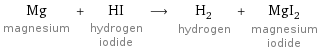 Mg magnesium + HI hydrogen iodide ⟶ H_2 hydrogen + MgI_2 magnesium iodide