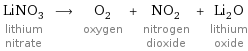 LiNO_3 lithium nitrate ⟶ O_2 oxygen + NO_2 nitrogen dioxide + Li_2O lithium oxide