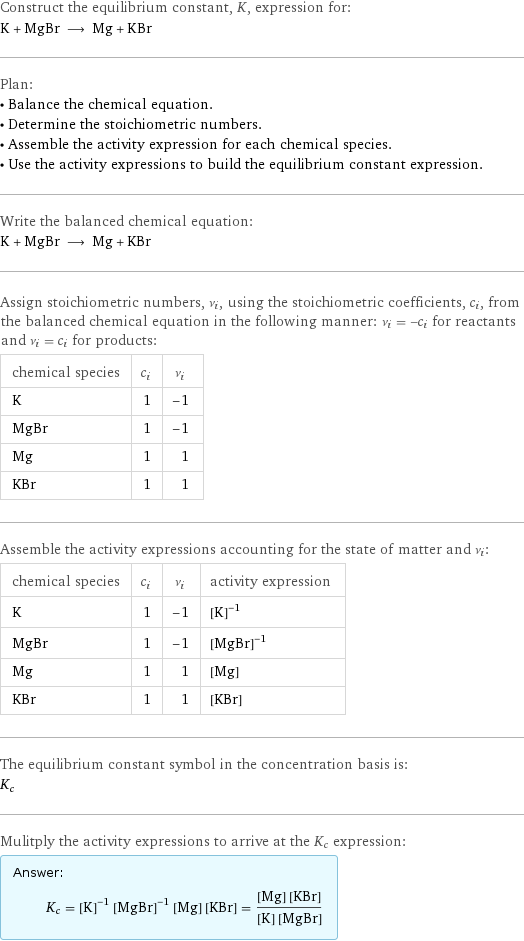 Construct the equilibrium constant, K, expression for: K + MgBr ⟶ Mg + KBr Plan: • Balance the chemical equation. • Determine the stoichiometric numbers. • Assemble the activity expression for each chemical species. • Use the activity expressions to build the equilibrium constant expression. Write the balanced chemical equation: K + MgBr ⟶ Mg + KBr Assign stoichiometric numbers, ν_i, using the stoichiometric coefficients, c_i, from the balanced chemical equation in the following manner: ν_i = -c_i for reactants and ν_i = c_i for products: chemical species | c_i | ν_i K | 1 | -1 MgBr | 1 | -1 Mg | 1 | 1 KBr | 1 | 1 Assemble the activity expressions accounting for the state of matter and ν_i: chemical species | c_i | ν_i | activity expression K | 1 | -1 | ([K])^(-1) MgBr | 1 | -1 | ([MgBr])^(-1) Mg | 1 | 1 | [Mg] KBr | 1 | 1 | [KBr] The equilibrium constant symbol in the concentration basis is: K_c Mulitply the activity expressions to arrive at the K_c expression: Answer: |   | K_c = ([K])^(-1) ([MgBr])^(-1) [Mg] [KBr] = ([Mg] [KBr])/([K] [MgBr])