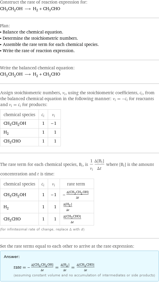 Construct the rate of reaction expression for: CH_3CH_2OH ⟶ H_2 + CH_3CHO Plan: • Balance the chemical equation. • Determine the stoichiometric numbers. • Assemble the rate term for each chemical species. • Write the rate of reaction expression. Write the balanced chemical equation: CH_3CH_2OH ⟶ H_2 + CH_3CHO Assign stoichiometric numbers, ν_i, using the stoichiometric coefficients, c_i, from the balanced chemical equation in the following manner: ν_i = -c_i for reactants and ν_i = c_i for products: chemical species | c_i | ν_i CH_3CH_2OH | 1 | -1 H_2 | 1 | 1 CH_3CHO | 1 | 1 The rate term for each chemical species, B_i, is 1/ν_i(Δ[B_i])/(Δt) where [B_i] is the amount concentration and t is time: chemical species | c_i | ν_i | rate term CH_3CH_2OH | 1 | -1 | -(Δ[CH3CH2OH])/(Δt) H_2 | 1 | 1 | (Δ[H2])/(Δt) CH_3CHO | 1 | 1 | (Δ[CH3CHO])/(Δt) (for infinitesimal rate of change, replace Δ with d) Set the rate terms equal to each other to arrive at the rate expression: Answer: |   | rate = -(Δ[CH3CH2OH])/(Δt) = (Δ[H2])/(Δt) = (Δ[CH3CHO])/(Δt) (assuming constant volume and no accumulation of intermediates or side products)