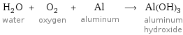 H_2O water + O_2 oxygen + Al aluminum ⟶ Al(OH)_3 aluminum hydroxide