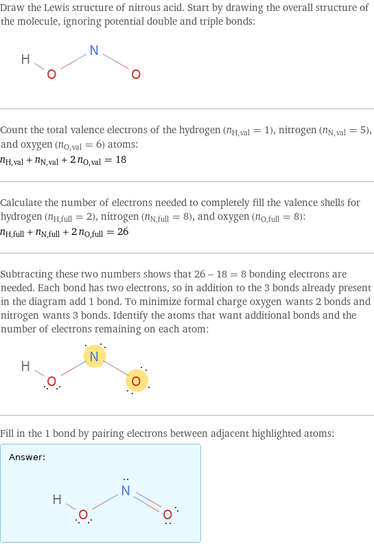 Draw the Lewis structure of nitrous acid. Start by drawing the overall structure of the molecule, ignoring potential double and triple bonds:  Count the total valence electrons of the hydrogen (n_H, val = 1), nitrogen (n_N, val = 5), and oxygen (n_O, val = 6) atoms: n_H, val + n_N, val + 2 n_O, val = 18 Calculate the number of electrons needed to completely fill the valence shells for hydrogen (n_H, full = 2), nitrogen (n_N, full = 8), and oxygen (n_O, full = 8): n_H, full + n_N, full + 2 n_O, full = 26 Subtracting these two numbers shows that 26 - 18 = 8 bonding electrons are needed. Each bond has two electrons, so in addition to the 3 bonds already present in the diagram add 1 bond. To minimize formal charge oxygen wants 2 bonds and nitrogen wants 3 bonds. Identify the atoms that want additional bonds and the number of electrons remaining on each atom:  Fill in the 1 bond by pairing electrons between adjacent highlighted atoms: Answer: |   | 