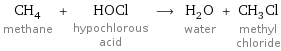 CH_4 methane + HOCl hypochlorous acid ⟶ H_2O water + CH_3Cl methyl chloride