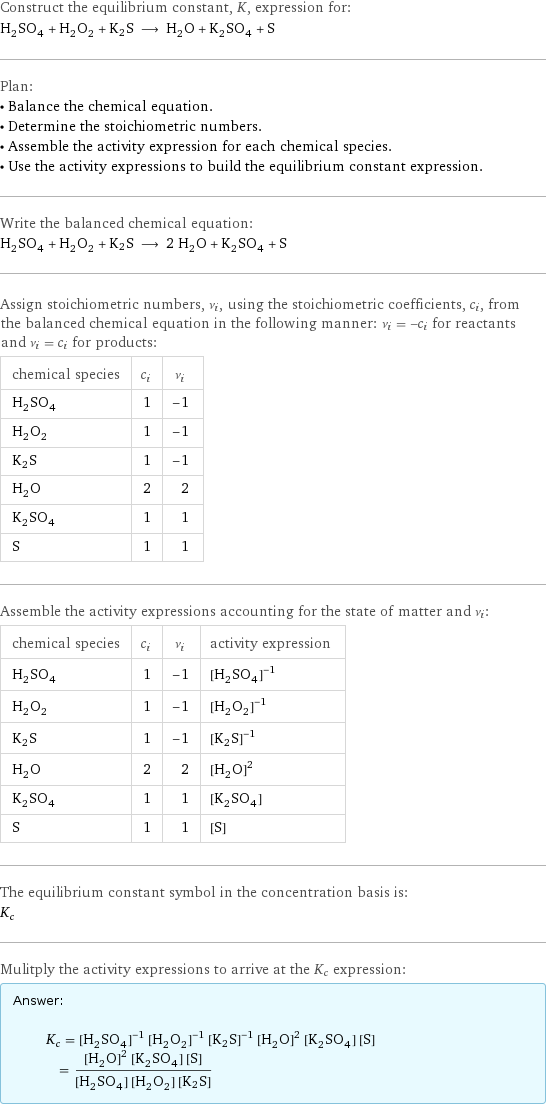 Construct the equilibrium constant, K, expression for: H_2SO_4 + H_2O_2 + K2S ⟶ H_2O + K_2SO_4 + S Plan: • Balance the chemical equation. • Determine the stoichiometric numbers. • Assemble the activity expression for each chemical species. • Use the activity expressions to build the equilibrium constant expression. Write the balanced chemical equation: H_2SO_4 + H_2O_2 + K2S ⟶ 2 H_2O + K_2SO_4 + S Assign stoichiometric numbers, ν_i, using the stoichiometric coefficients, c_i, from the balanced chemical equation in the following manner: ν_i = -c_i for reactants and ν_i = c_i for products: chemical species | c_i | ν_i H_2SO_4 | 1 | -1 H_2O_2 | 1 | -1 K2S | 1 | -1 H_2O | 2 | 2 K_2SO_4 | 1 | 1 S | 1 | 1 Assemble the activity expressions accounting for the state of matter and ν_i: chemical species | c_i | ν_i | activity expression H_2SO_4 | 1 | -1 | ([H2SO4])^(-1) H_2O_2 | 1 | -1 | ([H2O2])^(-1) K2S | 1 | -1 | ([K2S])^(-1) H_2O | 2 | 2 | ([H2O])^2 K_2SO_4 | 1 | 1 | [K2SO4] S | 1 | 1 | [S] The equilibrium constant symbol in the concentration basis is: K_c Mulitply the activity expressions to arrive at the K_c expression: Answer: |   | K_c = ([H2SO4])^(-1) ([H2O2])^(-1) ([K2S])^(-1) ([H2O])^2 [K2SO4] [S] = (([H2O])^2 [K2SO4] [S])/([H2SO4] [H2O2] [K2S])