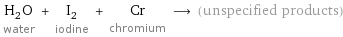 H_2O water + I_2 iodine + Cr chromium ⟶ (unspecified products)