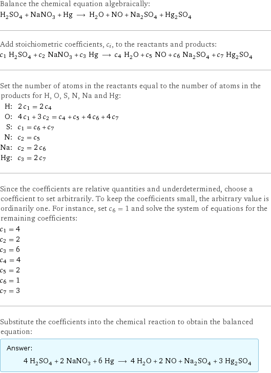 Balance the chemical equation algebraically: H_2SO_4 + NaNO_3 + Hg ⟶ H_2O + NO + Na_2SO_4 + Hg_2SO_4 Add stoichiometric coefficients, c_i, to the reactants and products: c_1 H_2SO_4 + c_2 NaNO_3 + c_3 Hg ⟶ c_4 H_2O + c_5 NO + c_6 Na_2SO_4 + c_7 Hg_2SO_4 Set the number of atoms in the reactants equal to the number of atoms in the products for H, O, S, N, Na and Hg: H: | 2 c_1 = 2 c_4 O: | 4 c_1 + 3 c_2 = c_4 + c_5 + 4 c_6 + 4 c_7 S: | c_1 = c_6 + c_7 N: | c_2 = c_5 Na: | c_2 = 2 c_6 Hg: | c_3 = 2 c_7 Since the coefficients are relative quantities and underdetermined, choose a coefficient to set arbitrarily. To keep the coefficients small, the arbitrary value is ordinarily one. For instance, set c_6 = 1 and solve the system of equations for the remaining coefficients: c_1 = 4 c_2 = 2 c_3 = 6 c_4 = 4 c_5 = 2 c_6 = 1 c_7 = 3 Substitute the coefficients into the chemical reaction to obtain the balanced equation: Answer: |   | 4 H_2SO_4 + 2 NaNO_3 + 6 Hg ⟶ 4 H_2O + 2 NO + Na_2SO_4 + 3 Hg_2SO_4