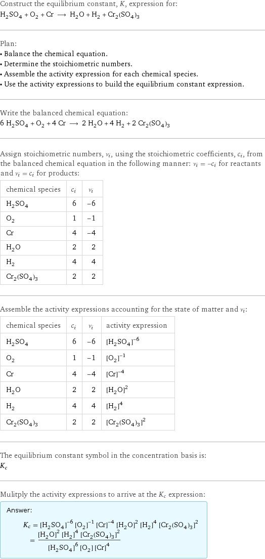 Construct the equilibrium constant, K, expression for: H_2SO_4 + O_2 + Cr ⟶ H_2O + H_2 + Cr_2(SO_4)_3 Plan: • Balance the chemical equation. • Determine the stoichiometric numbers. • Assemble the activity expression for each chemical species. • Use the activity expressions to build the equilibrium constant expression. Write the balanced chemical equation: 6 H_2SO_4 + O_2 + 4 Cr ⟶ 2 H_2O + 4 H_2 + 2 Cr_2(SO_4)_3 Assign stoichiometric numbers, ν_i, using the stoichiometric coefficients, c_i, from the balanced chemical equation in the following manner: ν_i = -c_i for reactants and ν_i = c_i for products: chemical species | c_i | ν_i H_2SO_4 | 6 | -6 O_2 | 1 | -1 Cr | 4 | -4 H_2O | 2 | 2 H_2 | 4 | 4 Cr_2(SO_4)_3 | 2 | 2 Assemble the activity expressions accounting for the state of matter and ν_i: chemical species | c_i | ν_i | activity expression H_2SO_4 | 6 | -6 | ([H2SO4])^(-6) O_2 | 1 | -1 | ([O2])^(-1) Cr | 4 | -4 | ([Cr])^(-4) H_2O | 2 | 2 | ([H2O])^2 H_2 | 4 | 4 | ([H2])^4 Cr_2(SO_4)_3 | 2 | 2 | ([Cr2(SO4)3])^2 The equilibrium constant symbol in the concentration basis is: K_c Mulitply the activity expressions to arrive at the K_c expression: Answer: |   | K_c = ([H2SO4])^(-6) ([O2])^(-1) ([Cr])^(-4) ([H2O])^2 ([H2])^4 ([Cr2(SO4)3])^2 = (([H2O])^2 ([H2])^4 ([Cr2(SO4)3])^2)/(([H2SO4])^6 [O2] ([Cr])^4)