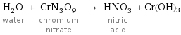 H_2O water + CrN_3O_9 chromium nitrate ⟶ HNO_3 nitric acid + Cr(OH)3