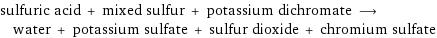 sulfuric acid + mixed sulfur + potassium dichromate ⟶ water + potassium sulfate + sulfur dioxide + chromium sulfate