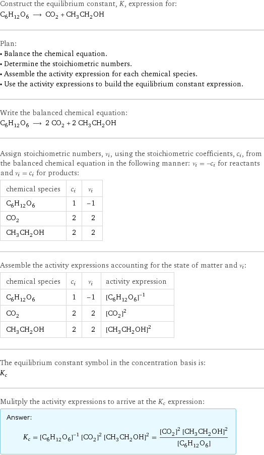 Construct the equilibrium constant, K, expression for: C_6H_12O_6 ⟶ CO_2 + CH_3CH_2OH Plan: • Balance the chemical equation. • Determine the stoichiometric numbers. • Assemble the activity expression for each chemical species. • Use the activity expressions to build the equilibrium constant expression. Write the balanced chemical equation: C_6H_12O_6 ⟶ 2 CO_2 + 2 CH_3CH_2OH Assign stoichiometric numbers, ν_i, using the stoichiometric coefficients, c_i, from the balanced chemical equation in the following manner: ν_i = -c_i for reactants and ν_i = c_i for products: chemical species | c_i | ν_i C_6H_12O_6 | 1 | -1 CO_2 | 2 | 2 CH_3CH_2OH | 2 | 2 Assemble the activity expressions accounting for the state of matter and ν_i: chemical species | c_i | ν_i | activity expression C_6H_12O_6 | 1 | -1 | ([C6H12O6])^(-1) CO_2 | 2 | 2 | ([CO2])^2 CH_3CH_2OH | 2 | 2 | ([CH3CH2OH])^2 The equilibrium constant symbol in the concentration basis is: K_c Mulitply the activity expressions to arrive at the K_c expression: Answer: |   | K_c = ([C6H12O6])^(-1) ([CO2])^2 ([CH3CH2OH])^2 = (([CO2])^2 ([CH3CH2OH])^2)/([C6H12O6])