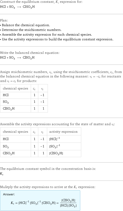 Construct the equilibrium constant, K, expression for: HCl + SO_3 ⟶ ClSO_3H Plan: • Balance the chemical equation. • Determine the stoichiometric numbers. • Assemble the activity expression for each chemical species. • Use the activity expressions to build the equilibrium constant expression. Write the balanced chemical equation: HCl + SO_3 ⟶ ClSO_3H Assign stoichiometric numbers, ν_i, using the stoichiometric coefficients, c_i, from the balanced chemical equation in the following manner: ν_i = -c_i for reactants and ν_i = c_i for products: chemical species | c_i | ν_i HCl | 1 | -1 SO_3 | 1 | -1 ClSO_3H | 1 | 1 Assemble the activity expressions accounting for the state of matter and ν_i: chemical species | c_i | ν_i | activity expression HCl | 1 | -1 | ([HCl])^(-1) SO_3 | 1 | -1 | ([SO3])^(-1) ClSO_3H | 1 | 1 | [ClSO3H] The equilibrium constant symbol in the concentration basis is: K_c Mulitply the activity expressions to arrive at the K_c expression: Answer: |   | K_c = ([HCl])^(-1) ([SO3])^(-1) [ClSO3H] = ([ClSO3H])/([HCl] [SO3])