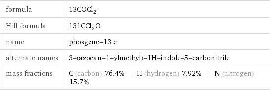 formula | 13COCl_2 Hill formula | 131CCl_2O name | phosgene-13 c alternate names | 3-(azocan-1-ylmethyl)-1H-indole-5-carbonitrile mass fractions | C (carbon) 76.4% | H (hydrogen) 7.92% | N (nitrogen) 15.7%