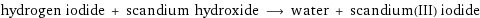 hydrogen iodide + scandium hydroxide ⟶ water + scandium(III) iodide