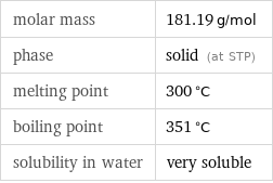 molar mass | 181.19 g/mol phase | solid (at STP) melting point | 300 °C boiling point | 351 °C solubility in water | very soluble