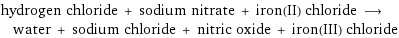 hydrogen chloride + sodium nitrate + iron(II) chloride ⟶ water + sodium chloride + nitric oxide + iron(III) chloride