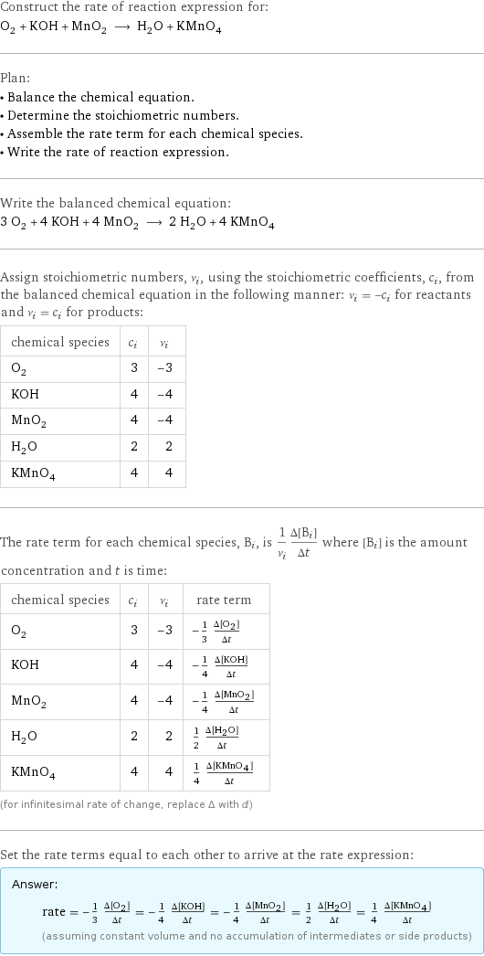 Construct the rate of reaction expression for: O_2 + KOH + MnO_2 ⟶ H_2O + KMnO_4 Plan: • Balance the chemical equation. • Determine the stoichiometric numbers. • Assemble the rate term for each chemical species. • Write the rate of reaction expression. Write the balanced chemical equation: 3 O_2 + 4 KOH + 4 MnO_2 ⟶ 2 H_2O + 4 KMnO_4 Assign stoichiometric numbers, ν_i, using the stoichiometric coefficients, c_i, from the balanced chemical equation in the following manner: ν_i = -c_i for reactants and ν_i = c_i for products: chemical species | c_i | ν_i O_2 | 3 | -3 KOH | 4 | -4 MnO_2 | 4 | -4 H_2O | 2 | 2 KMnO_4 | 4 | 4 The rate term for each chemical species, B_i, is 1/ν_i(Δ[B_i])/(Δt) where [B_i] is the amount concentration and t is time: chemical species | c_i | ν_i | rate term O_2 | 3 | -3 | -1/3 (Δ[O2])/(Δt) KOH | 4 | -4 | -1/4 (Δ[KOH])/(Δt) MnO_2 | 4 | -4 | -1/4 (Δ[MnO2])/(Δt) H_2O | 2 | 2 | 1/2 (Δ[H2O])/(Δt) KMnO_4 | 4 | 4 | 1/4 (Δ[KMnO4])/(Δt) (for infinitesimal rate of change, replace Δ with d) Set the rate terms equal to each other to arrive at the rate expression: Answer: |   | rate = -1/3 (Δ[O2])/(Δt) = -1/4 (Δ[KOH])/(Δt) = -1/4 (Δ[MnO2])/(Δt) = 1/2 (Δ[H2O])/(Δt) = 1/4 (Δ[KMnO4])/(Δt) (assuming constant volume and no accumulation of intermediates or side products)