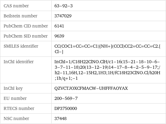 CAS number | 63-92-3 Beilstein number | 3747029 PubChem CID number | 6141 PubChem SID number | 9639 SMILES identifier | CC(COC1=CC=CC=C1)[NH+](CCCl)CC2=CC=CC=C2.[Cl-] InChI identifier | InChI=1/C18H22ClNO.ClH/c1-16(15-21-18-10-6-3-7-11-18)20(13-12-19)14-17-8-4-2-5-9-17;/h2-11, 16H, 12-15H2, 1H3;1H/fC18H23ClNO.Cl/h20H;1h/q+1;-1 InChI key | QZVCTJOXCFMACW-UHFFFAOYAX EU number | 200-569-7 RTECS number | DP3750000 NSC number | 37448