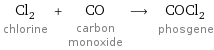 Cl_2 chlorine + CO carbon monoxide ⟶ COCl_2 phosgene