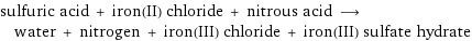 sulfuric acid + iron(II) chloride + nitrous acid ⟶ water + nitrogen + iron(III) chloride + iron(III) sulfate hydrate