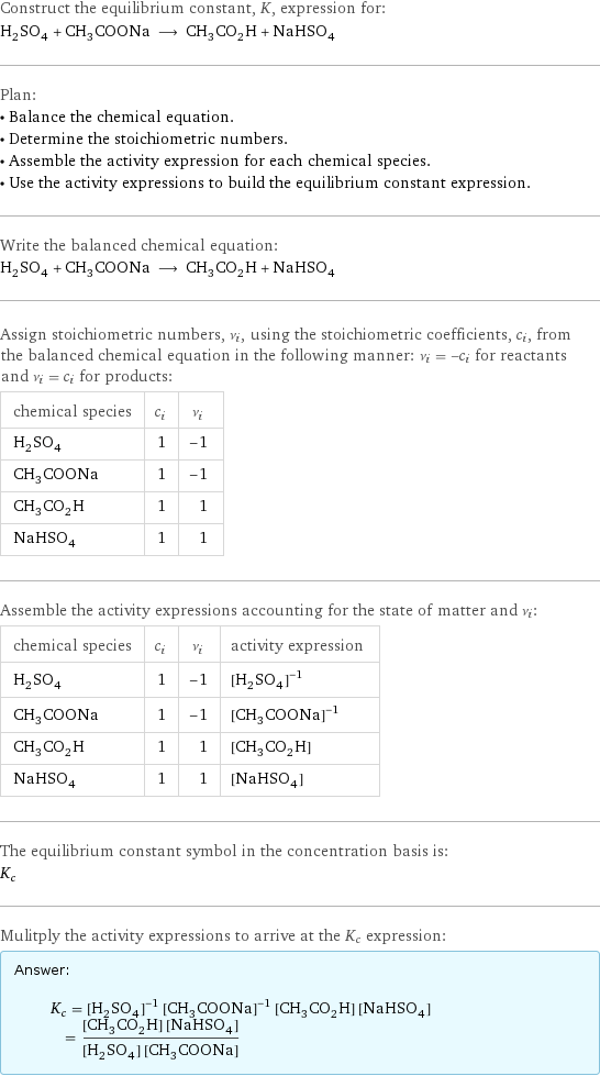 Construct the equilibrium constant, K, expression for: H_2SO_4 + CH_3COONa ⟶ CH_3CO_2H + NaHSO_4 Plan: • Balance the chemical equation. • Determine the stoichiometric numbers. • Assemble the activity expression for each chemical species. • Use the activity expressions to build the equilibrium constant expression. Write the balanced chemical equation: H_2SO_4 + CH_3COONa ⟶ CH_3CO_2H + NaHSO_4 Assign stoichiometric numbers, ν_i, using the stoichiometric coefficients, c_i, from the balanced chemical equation in the following manner: ν_i = -c_i for reactants and ν_i = c_i for products: chemical species | c_i | ν_i H_2SO_4 | 1 | -1 CH_3COONa | 1 | -1 CH_3CO_2H | 1 | 1 NaHSO_4 | 1 | 1 Assemble the activity expressions accounting for the state of matter and ν_i: chemical species | c_i | ν_i | activity expression H_2SO_4 | 1 | -1 | ([H2SO4])^(-1) CH_3COONa | 1 | -1 | ([CH3COONa])^(-1) CH_3CO_2H | 1 | 1 | [CH3CO2H] NaHSO_4 | 1 | 1 | [NaHSO4] The equilibrium constant symbol in the concentration basis is: K_c Mulitply the activity expressions to arrive at the K_c expression: Answer: |   | K_c = ([H2SO4])^(-1) ([CH3COONa])^(-1) [CH3CO2H] [NaHSO4] = ([CH3CO2H] [NaHSO4])/([H2SO4] [CH3COONa])