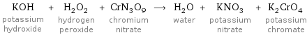 KOH potassium hydroxide + H_2O_2 hydrogen peroxide + CrN_3O_9 chromium nitrate ⟶ H_2O water + KNO_3 potassium nitrate + K_2CrO_4 potassium chromate