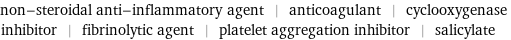 non-steroidal anti-inflammatory agent | anticoagulant | cyclooxygenase inhibitor | fibrinolytic agent | platelet aggregation inhibitor | salicylate