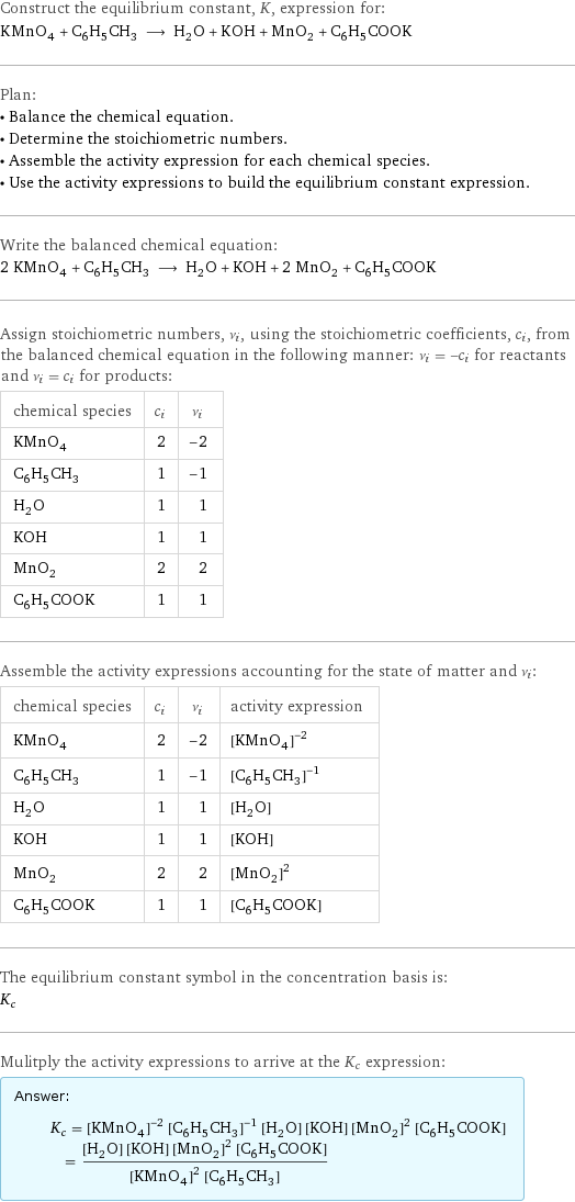 Construct the equilibrium constant, K, expression for: KMnO_4 + C_6H_5CH_3 ⟶ H_2O + KOH + MnO_2 + C_6H_5COOK Plan: • Balance the chemical equation. • Determine the stoichiometric numbers. • Assemble the activity expression for each chemical species. • Use the activity expressions to build the equilibrium constant expression. Write the balanced chemical equation: 2 KMnO_4 + C_6H_5CH_3 ⟶ H_2O + KOH + 2 MnO_2 + C_6H_5COOK Assign stoichiometric numbers, ν_i, using the stoichiometric coefficients, c_i, from the balanced chemical equation in the following manner: ν_i = -c_i for reactants and ν_i = c_i for products: chemical species | c_i | ν_i KMnO_4 | 2 | -2 C_6H_5CH_3 | 1 | -1 H_2O | 1 | 1 KOH | 1 | 1 MnO_2 | 2 | 2 C_6H_5COOK | 1 | 1 Assemble the activity expressions accounting for the state of matter and ν_i: chemical species | c_i | ν_i | activity expression KMnO_4 | 2 | -2 | ([KMnO4])^(-2) C_6H_5CH_3 | 1 | -1 | ([C6H5CH3])^(-1) H_2O | 1 | 1 | [H2O] KOH | 1 | 1 | [KOH] MnO_2 | 2 | 2 | ([MnO2])^2 C_6H_5COOK | 1 | 1 | [C6H5COOK] The equilibrium constant symbol in the concentration basis is: K_c Mulitply the activity expressions to arrive at the K_c expression: Answer: |   | K_c = ([KMnO4])^(-2) ([C6H5CH3])^(-1) [H2O] [KOH] ([MnO2])^2 [C6H5COOK] = ([H2O] [KOH] ([MnO2])^2 [C6H5COOK])/(([KMnO4])^2 [C6H5CH3])