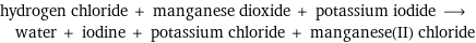 hydrogen chloride + manganese dioxide + potassium iodide ⟶ water + iodine + potassium chloride + manganese(II) chloride