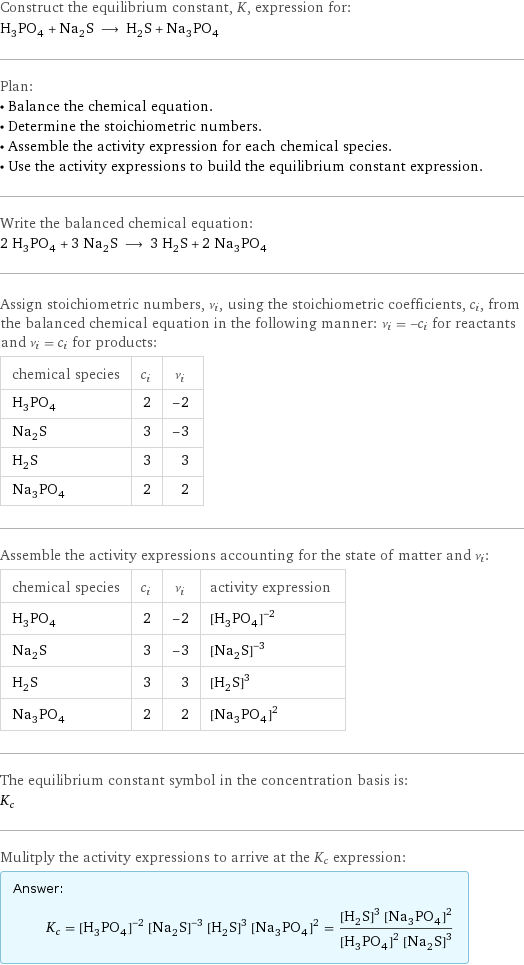 Construct the equilibrium constant, K, expression for: H_3PO_4 + Na_2S ⟶ H_2S + Na_3PO_4 Plan: • Balance the chemical equation. • Determine the stoichiometric numbers. • Assemble the activity expression for each chemical species. • Use the activity expressions to build the equilibrium constant expression. Write the balanced chemical equation: 2 H_3PO_4 + 3 Na_2S ⟶ 3 H_2S + 2 Na_3PO_4 Assign stoichiometric numbers, ν_i, using the stoichiometric coefficients, c_i, from the balanced chemical equation in the following manner: ν_i = -c_i for reactants and ν_i = c_i for products: chemical species | c_i | ν_i H_3PO_4 | 2 | -2 Na_2S | 3 | -3 H_2S | 3 | 3 Na_3PO_4 | 2 | 2 Assemble the activity expressions accounting for the state of matter and ν_i: chemical species | c_i | ν_i | activity expression H_3PO_4 | 2 | -2 | ([H3PO4])^(-2) Na_2S | 3 | -3 | ([Na2S])^(-3) H_2S | 3 | 3 | ([H2S])^3 Na_3PO_4 | 2 | 2 | ([Na3PO4])^2 The equilibrium constant symbol in the concentration basis is: K_c Mulitply the activity expressions to arrive at the K_c expression: Answer: |   | K_c = ([H3PO4])^(-2) ([Na2S])^(-3) ([H2S])^3 ([Na3PO4])^2 = (([H2S])^3 ([Na3PO4])^2)/(([H3PO4])^2 ([Na2S])^3)