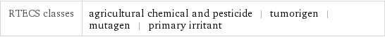 RTECS classes | agricultural chemical and pesticide | tumorigen | mutagen | primary irritant