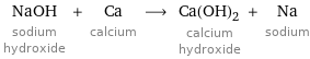 NaOH sodium hydroxide + Ca calcium ⟶ Ca(OH)_2 calcium hydroxide + Na sodium