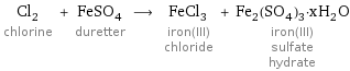 Cl_2 chlorine + FeSO_4 duretter ⟶ FeCl_3 iron(III) chloride + Fe_2(SO_4)_3·xH_2O iron(III) sulfate hydrate