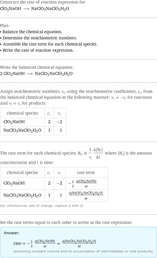 Construct the rate of reaction expression for: ClO2NaOH ⟶ NaClO3NaClO2H2O Plan: • Balance the chemical equation. • Determine the stoichiometric numbers. • Assemble the rate term for each chemical species. • Write the rate of reaction expression. Write the balanced chemical equation: 2 ClO2NaOH ⟶ NaClO3NaClO2H2O Assign stoichiometric numbers, ν_i, using the stoichiometric coefficients, c_i, from the balanced chemical equation in the following manner: ν_i = -c_i for reactants and ν_i = c_i for products: chemical species | c_i | ν_i ClO2NaOH | 2 | -2 NaClO3NaClO2H2O | 1 | 1 The rate term for each chemical species, B_i, is 1/ν_i(Δ[B_i])/(Δt) where [B_i] is the amount concentration and t is time: chemical species | c_i | ν_i | rate term ClO2NaOH | 2 | -2 | -1/2 (Δ[ClO2NaOH])/(Δt) NaClO3NaClO2H2O | 1 | 1 | (Δ[NaClO3NaClO2H2O])/(Δt) (for infinitesimal rate of change, replace Δ with d) Set the rate terms equal to each other to arrive at the rate expression: Answer: |   | rate = -1/2 (Δ[ClO2NaOH])/(Δt) = (Δ[NaClO3NaClO2H2O])/(Δt) (assuming constant volume and no accumulation of intermediates or side products)