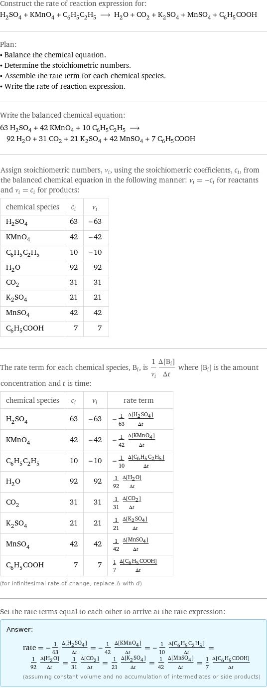 Construct the rate of reaction expression for: H_2SO_4 + KMnO_4 + C_6H_5C_2H_5 ⟶ H_2O + CO_2 + K_2SO_4 + MnSO_4 + C_6H_5COOH Plan: • Balance the chemical equation. • Determine the stoichiometric numbers. • Assemble the rate term for each chemical species. • Write the rate of reaction expression. Write the balanced chemical equation: 63 H_2SO_4 + 42 KMnO_4 + 10 C_6H_5C_2H_5 ⟶ 92 H_2O + 31 CO_2 + 21 K_2SO_4 + 42 MnSO_4 + 7 C_6H_5COOH Assign stoichiometric numbers, ν_i, using the stoichiometric coefficients, c_i, from the balanced chemical equation in the following manner: ν_i = -c_i for reactants and ν_i = c_i for products: chemical species | c_i | ν_i H_2SO_4 | 63 | -63 KMnO_4 | 42 | -42 C_6H_5C_2H_5 | 10 | -10 H_2O | 92 | 92 CO_2 | 31 | 31 K_2SO_4 | 21 | 21 MnSO_4 | 42 | 42 C_6H_5COOH | 7 | 7 The rate term for each chemical species, B_i, is 1/ν_i(Δ[B_i])/(Δt) where [B_i] is the amount concentration and t is time: chemical species | c_i | ν_i | rate term H_2SO_4 | 63 | -63 | -1/63 (Δ[H2SO4])/(Δt) KMnO_4 | 42 | -42 | -1/42 (Δ[KMnO4])/(Δt) C_6H_5C_2H_5 | 10 | -10 | -1/10 (Δ[C6H5C2H5])/(Δt) H_2O | 92 | 92 | 1/92 (Δ[H2O])/(Δt) CO_2 | 31 | 31 | 1/31 (Δ[CO2])/(Δt) K_2SO_4 | 21 | 21 | 1/21 (Δ[K2SO4])/(Δt) MnSO_4 | 42 | 42 | 1/42 (Δ[MnSO4])/(Δt) C_6H_5COOH | 7 | 7 | 1/7 (Δ[C6H5COOH])/(Δt) (for infinitesimal rate of change, replace Δ with d) Set the rate terms equal to each other to arrive at the rate expression: Answer: |   | rate = -1/63 (Δ[H2SO4])/(Δt) = -1/42 (Δ[KMnO4])/(Δt) = -1/10 (Δ[C6H5C2H5])/(Δt) = 1/92 (Δ[H2O])/(Δt) = 1/31 (Δ[CO2])/(Δt) = 1/21 (Δ[K2SO4])/(Δt) = 1/42 (Δ[MnSO4])/(Δt) = 1/7 (Δ[C6H5COOH])/(Δt) (assuming constant volume and no accumulation of intermediates or side products)