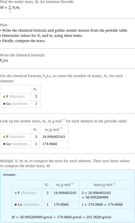 Find the molar mass, M, for lutetium fluoride: M = sum _iN_im_i Plan: • Write the chemical formula and gather atomic masses from the periodic table. • Determine values for N_i and m_i using these items. • Finally, compute the mass. Write the chemical formula: F_3Lu Use the chemical formula, F_3Lu, to count the number of atoms, N_i, for each element:  | N_i  F (fluorine) | 3  Lu (lutetium) | 1 Look up the atomic mass, m_i, in g·mol^(-1) for each element in the periodic table:  | N_i | m_i/g·mol^(-1)  F (fluorine) | 3 | 18.998403163  Lu (lutetium) | 1 | 174.9668 Multiply N_i by m_i to compute the mass for each element. Then sum those values to compute the molar mass, M: Answer: |   | | N_i | m_i/g·mol^(-1) | mass/g·mol^(-1)  F (fluorine) | 3 | 18.998403163 | 3 × 18.998403163 = 56.995209489  Lu (lutetium) | 1 | 174.9668 | 1 × 174.9668 = 174.9668  M = 56.995209489 g/mol + 174.9668 g/mol = 231.9620 g/mol